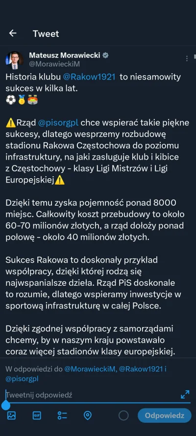 jaqqu7 - 100 mln dla Ruchu Chorzów 
40 mln dla Rakowa Częstochowa

Co dalej? 

Rząd w...