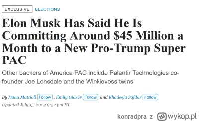 konradpra - #trump #usa #elonmusk #musk

Elon Musk zadeklarował 45 mln USD na kampani...