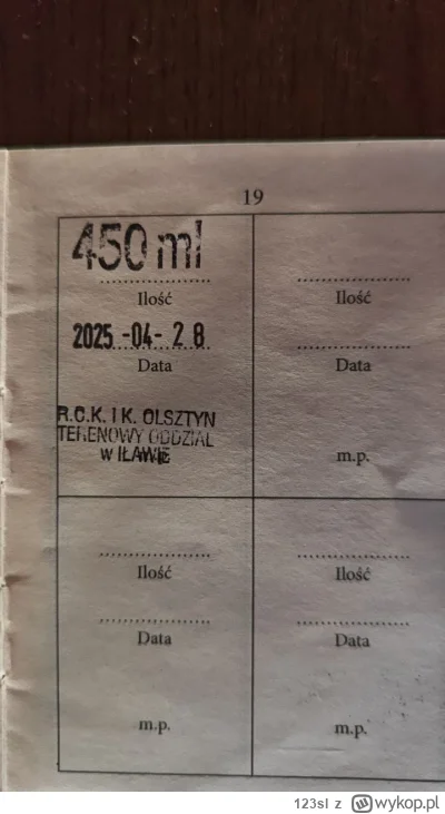 123sl - 160 610 - 450 = 160 160
Data donacji - 28.04.2025
Rodzaj donacji - krew pełna...