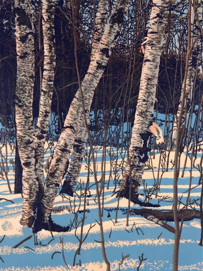GARN - #sztuka #art #linoryt autor: William H. Hays | White Birch Shadows | 31 x 23.5...
