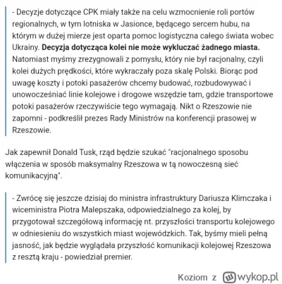 Koziom - PiS szerzy narrację, że Tusk mówiąc dziś na konferencji o CPK stwierdził, że...