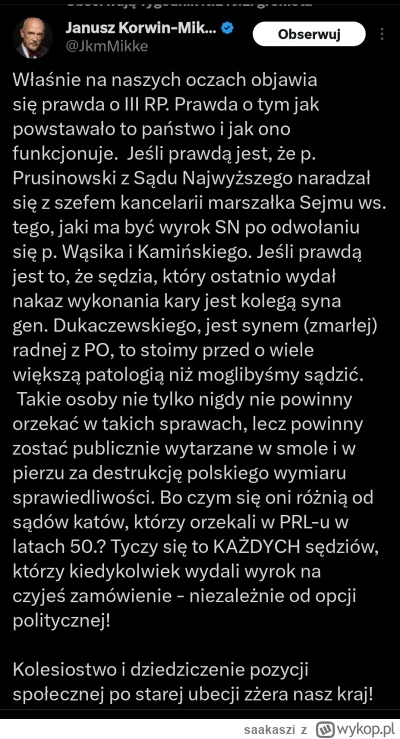 saakaszi - Korwin podobnie jak Bosak, broni Kamińskiego i Wąsika i milczy w sprawie s...