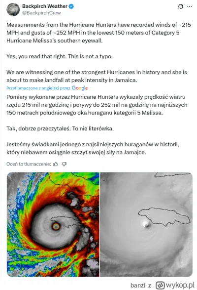 banzi - Huragan Melissa, który właśnie uderza w Jamajkę osiąga prędkość wiatru dochod...