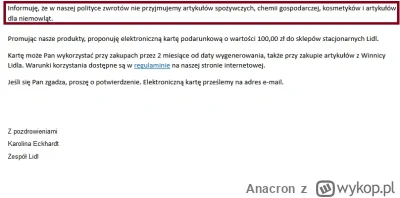 Anacron - Fragment odpowiedzi Lidl Polska. Oni próbują być zabawni? Co prawda w mailu...