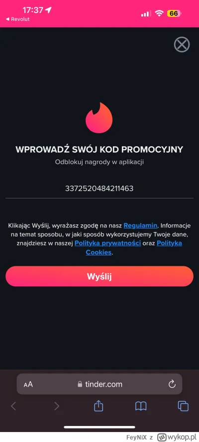 FeyNiX - Jakby ktoś szukał szczęścia to mam zniżkę na Tinder Plus. Nie wiem czy zadzi...