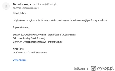 bitkoin - Zgłosiłem poprzez https://www.zglos-dezinformacje.nask.pl/ kanał na #youtub...