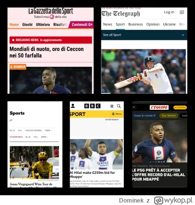 Dominek - Pierwsze strony z dnia dzisiejszego najważniejszych portali sportowych w Eu...
