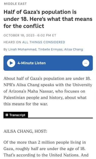 R187 - W Strefie Gazy 50% populacji to są dzieci:

https://www.npr.org/2023/10/18/120...