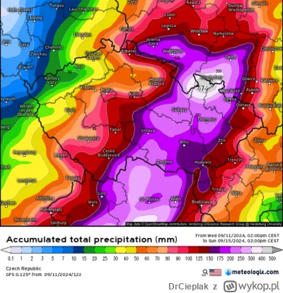 DrCieplak - GFS z 11 września. 470 litrów na metr kwadratowy (czyli półroczna norma d...