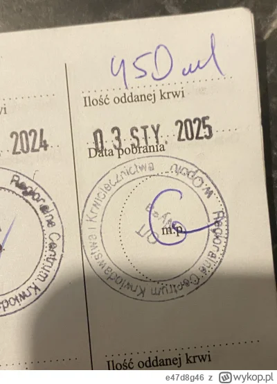 e47d8g46 - 256 600 - 450 = 256 150
Data donacji - 03.01.2025
Rodzaj donacji - krew pe...