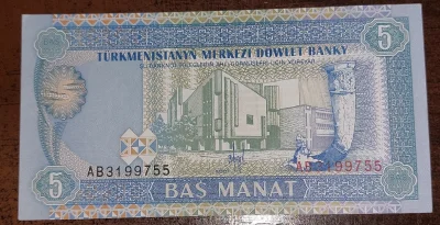 Barakun91 - #banknoty #hobby #numizmatyka 
5 Manat z Turkmenistanu(1993)