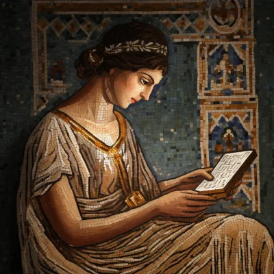Pannoramix - Antyczna mozaika pokazująca kobietę z tabletem ( ͡° ͜ʖ ͡°) #midjourney #...