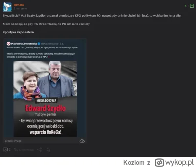 Koziom - Ten spin z mężem Szydło jest równie głupi jak to, że pieniądze z HoRaCa bral...