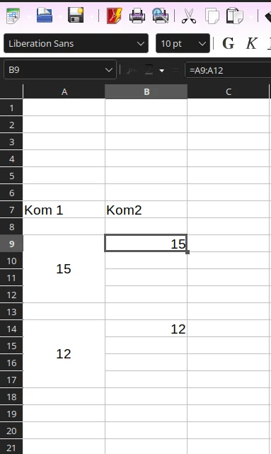 Wiskoler_double - @Limonene: U mnie zadziałało "=A9:A12" w komórce B9, potem przeciąg...