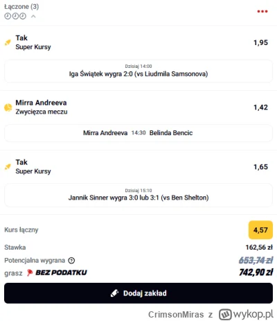 CrimsonMiras - Wczoraj bukmacher pięknie dał zarobić. Dzisiaj gramy tak.
#tenis #bukm...