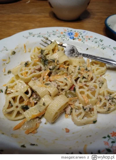 maegalcarwen - Makaron z sosem z resztek, czyli indyka, szpinaku, marchewki, cebuli, ...