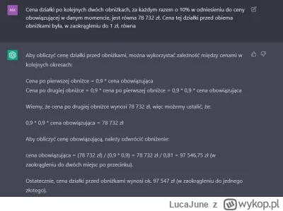 LucaJune - Zadanie z podstawowej matury z matematyki.

Tyle warty póki co ten chatGPT...
