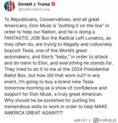 wjtk123 - Trump właśnie ogłosił, że bojkot Tesli jest nielegalny. Kupując elektryka l...
