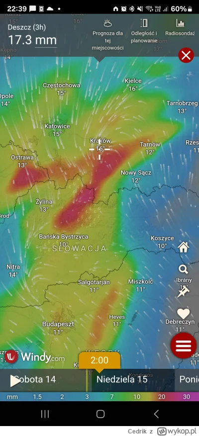 Cedrik - Windy pokazuje,  że będzie ciekawie koło 1/2 w nocy #krakow #powodz