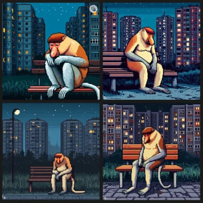 CherryJerry - ! a sad proboscis monkey is sitting on a bench, in the middle of the po...