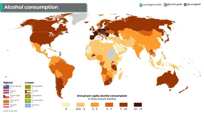 pogop - Spożycie alkoholu w krajach świata.

#mapy #mapporn #ciekawostki #swiat #alko...