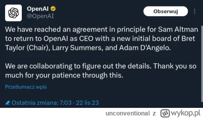 unconventional - Altman wraca jako CEO OpenAI, Brockman również, zaś poprzednia rada ...