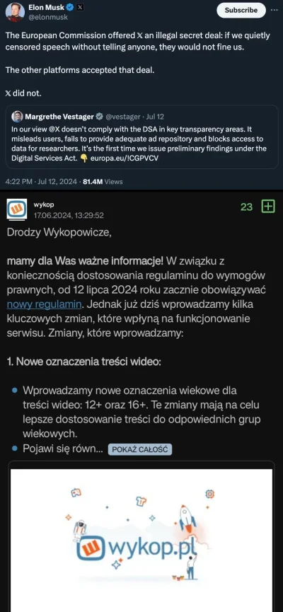 WykopX - Elon Musk: UE kazała nam potajemnie wprowadzić cenzurę, strasząc milionowymi...