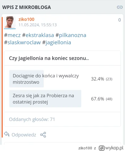 ziko100 - #mecz #ekstraklasa #pilkanozna #slaskwroclaw #jagiellonia
Czyżby wykopowi  ...