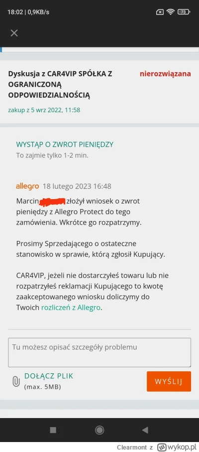 Clearmont - Sprzedawca Car4Vip Sp. z o.o. przestał odpowiadać w dyskusji Allegro, zło...