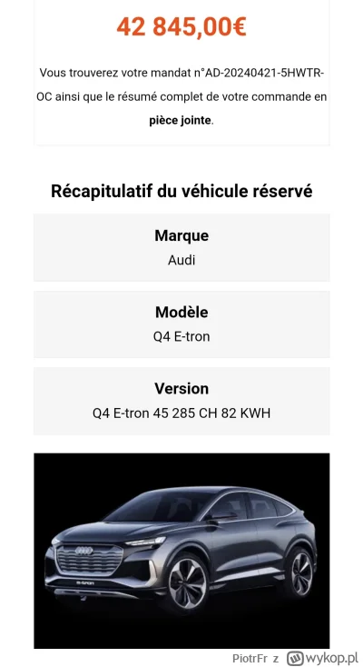 PiotrFr - Audi Q4 e tron 286 KM za 42800€ czyli ~180k przed dopłatą, więc jeszcze 4/7...
