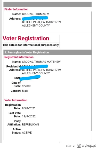 ater - 20 letni zamachowiec Thomas Matthew Crooks był zarejestrowanym republikaninem ...