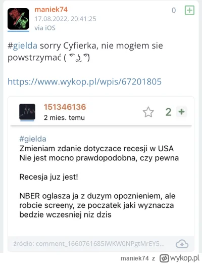 maniek74 - #gielda

Czy ktoś się orientuje, co z recesja w USA która Cyferka ogłosił ...