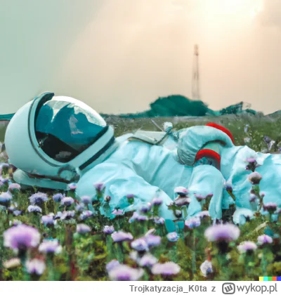 Trojkatyzacja_K0ta - A photo of an astronaut wearing a spacesuit lying in a meadow fu...