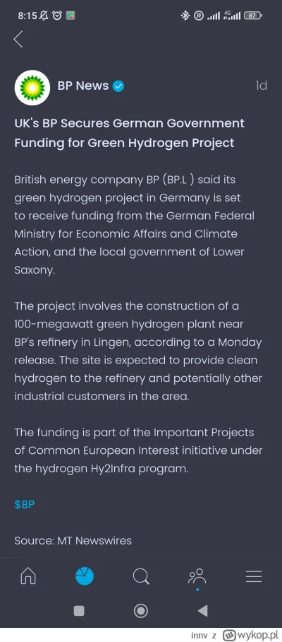 innv - BP wchodzi w wodór w Niemczech.

Ciekawy jestem czy uda im się ta cała przemia...