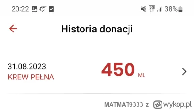 MATMAT9333 - 8 910 - 450 = 8 460
Data donacji - 31.08.2023
Rodzaj donacji - krew pełn...