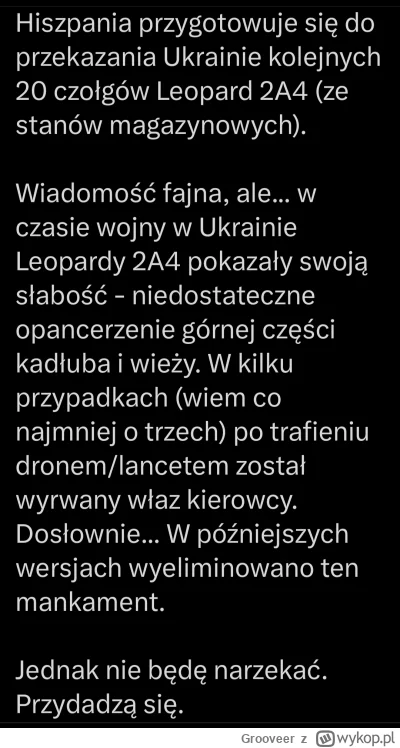 Grooveer - > dziesięć czołgów bojowych do końca czerwca i kolejne dziewięć we wrześni...