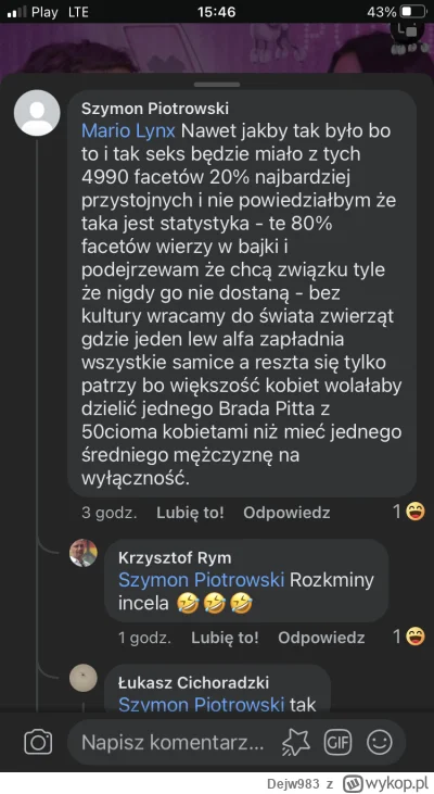 Dejw983 - #przegryw To musiał napisać wykopek i ten komentarz tego typa Jprd Haha co ...