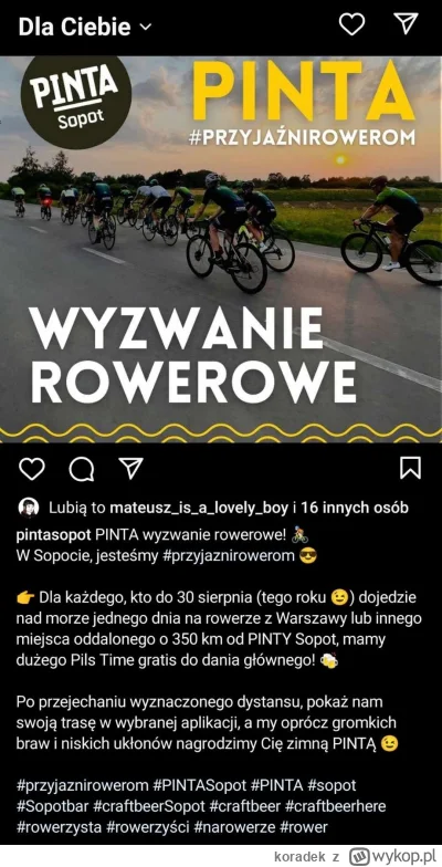 koradek - Dobra promocja w Pinta Sopot. Wystarczy przejechać 350km na rowerze w jeden...