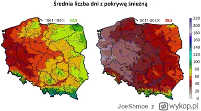 JoeShmoe - Średnia liczba dni z pokrywą śnieżną w Polsce w latach 1961-1990 i na drug...