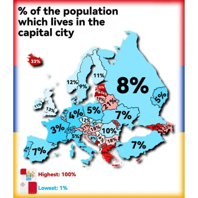 pogop - Odsetek ludności żyjącej w stolicy danego kraju.

#ciekawostki #mapy #mapporn...