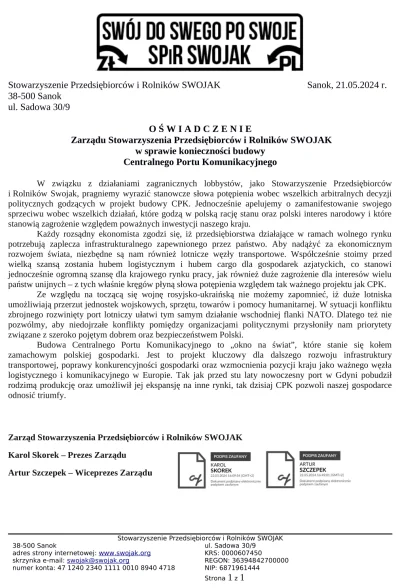 SPiR_SWOJAK - Oświadczenie Zarządu SPiR SWOJAK w sprawie budowy CPK.
#cpk #swojak #sp...