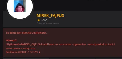 WykopX - Ej, a za co @MIREK_FAJFUS dostał bana na dwa miesiące?

@Blaskun: @wiecznysi...