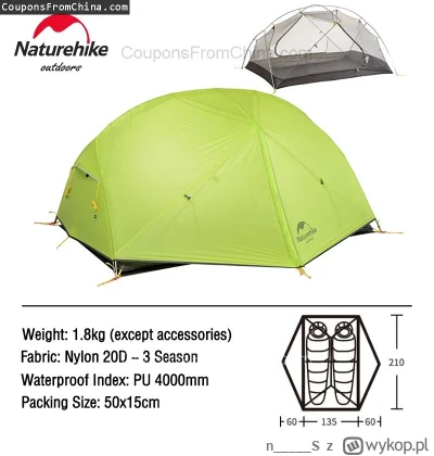 n____S - Naturehike Camping Tent 2 Person Mongar 20D [EU]
Cena: $154.98 (dotąd najniż...