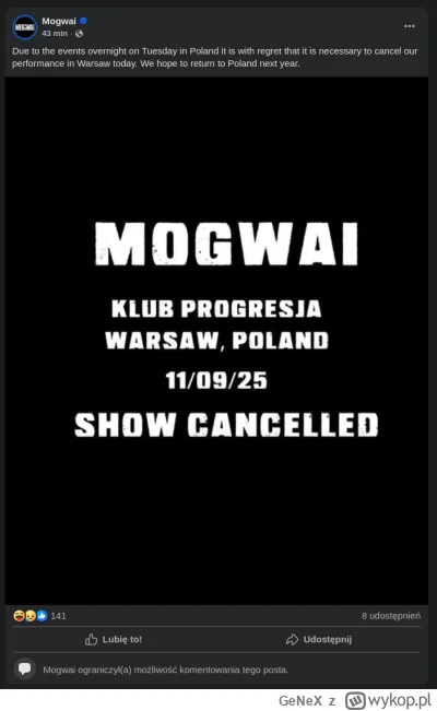 GeNeX - Koncert odwołany na ostatnią chwilę. Komentarze wyłączone pod postem. Pod inn...