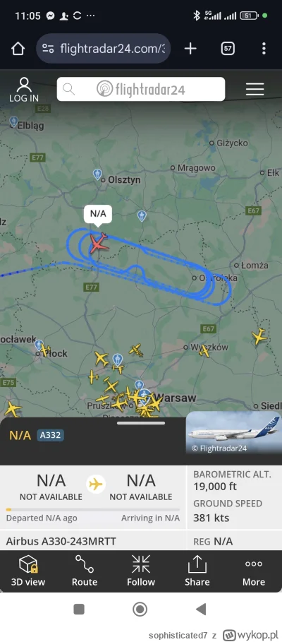sophisticated7 - #flightradar #lotnictwo #olsztyn

Airbus a330 krąży mi nad głową, pi...