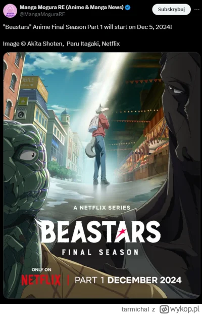 tarmichal - Premiera 1 części nowego sezonu 5 grudnia.
#beastars