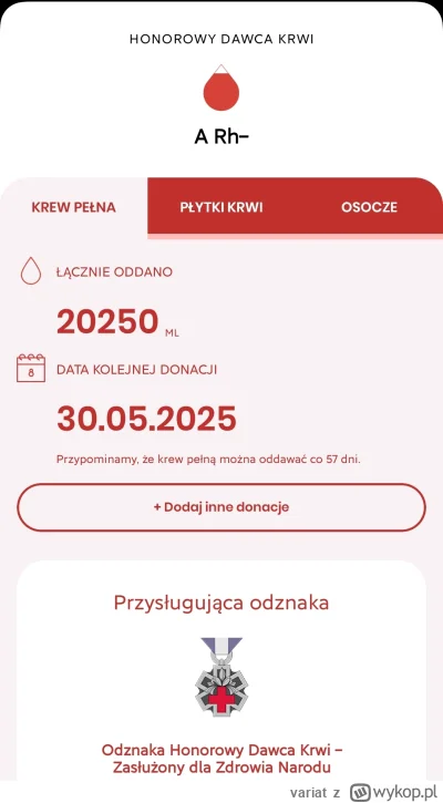 variat - 179 970 - 450 = 179 520
Data donacji - 04.04.2025
Rodzaj donacji - krew pełn...