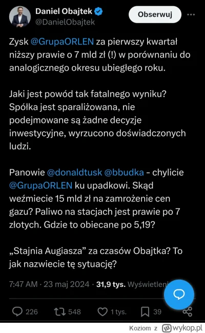 Koziom - Ogólnie, ktoś może mi rozjaśnić na czym polega słabszy zysk Orlenu za pierws...