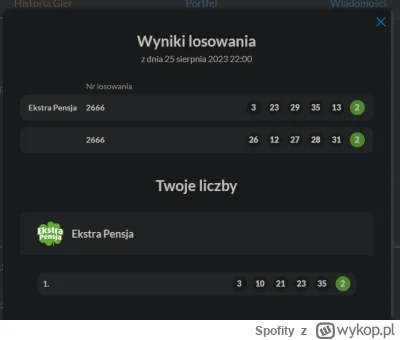 Spofity - Na stronie lotto.pl ten zakład widnieje jako brak wygranej. Czyli liczby mu...