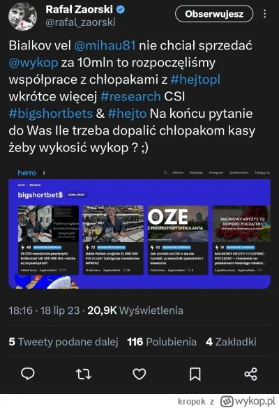 kropek - Rafał zaorski próbował kupic wykop za 10mln. Nie udało się więc chce go znis...